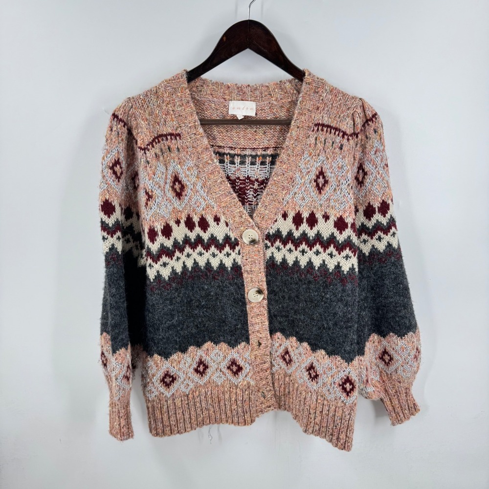 Entro Fair Isle Cardigan Sweater Burgundy Silver Sparkle Small Boho Cozy Nordic